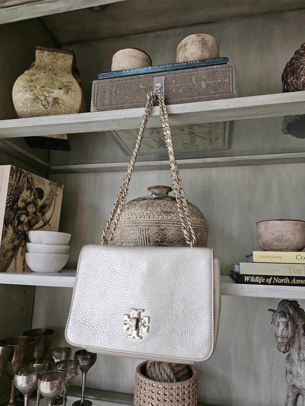 Tory Burch Mercer Adjustable Shoulder Bag White Gold Metallic